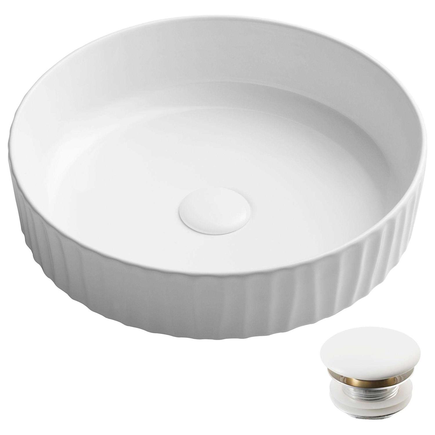 Kraus Viva Round White Porcelain Ceramic Vessel Bathroom Sink with Pop-Up Drain KCV-201GWH-20