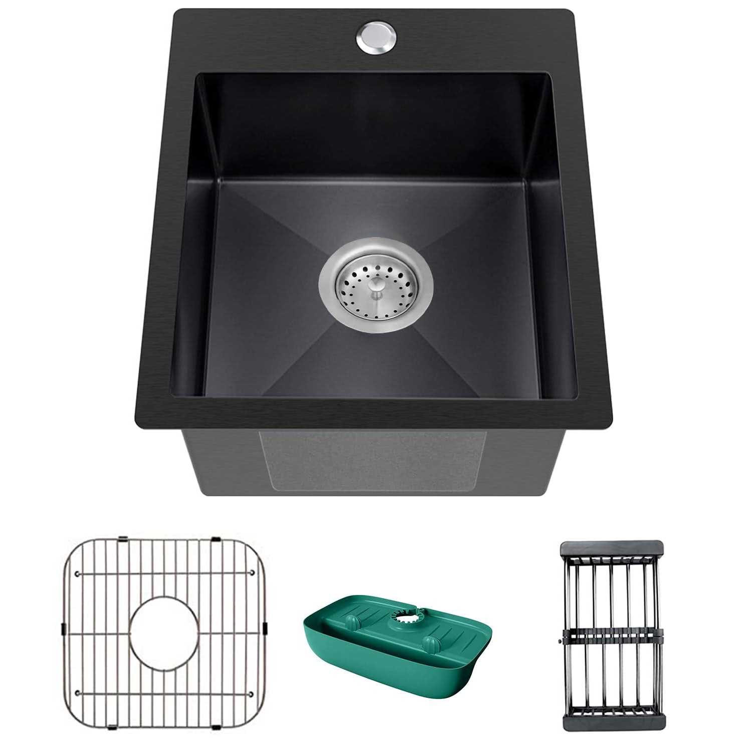 Koardink Black Kitchen Sink Stainless Steel Topmount Bar Sink 15x17x9 inch Single Bowl Drop in Kitchen Sink Combo-Stainless Steel Sink Grid,Drain Basket