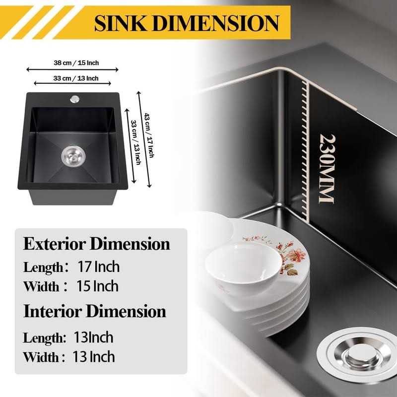 Koardink Black Kitchen Sink Stainless Steel Topmount Bar Sink 15x17x9 inch Single Bowl Drop in Kitchen Sink Combo-Stainless Steel Sink Grid,Drain Basket - Image 2