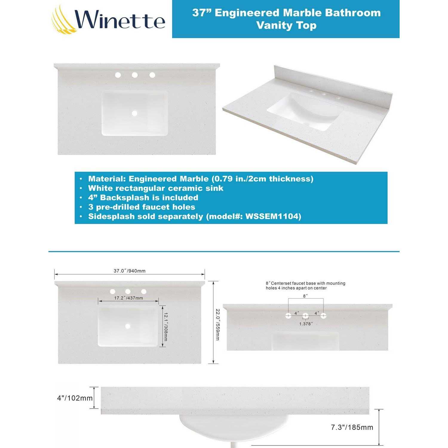 Single Bathroom Vanity Top with Sink Winette Top Finish - Image 2