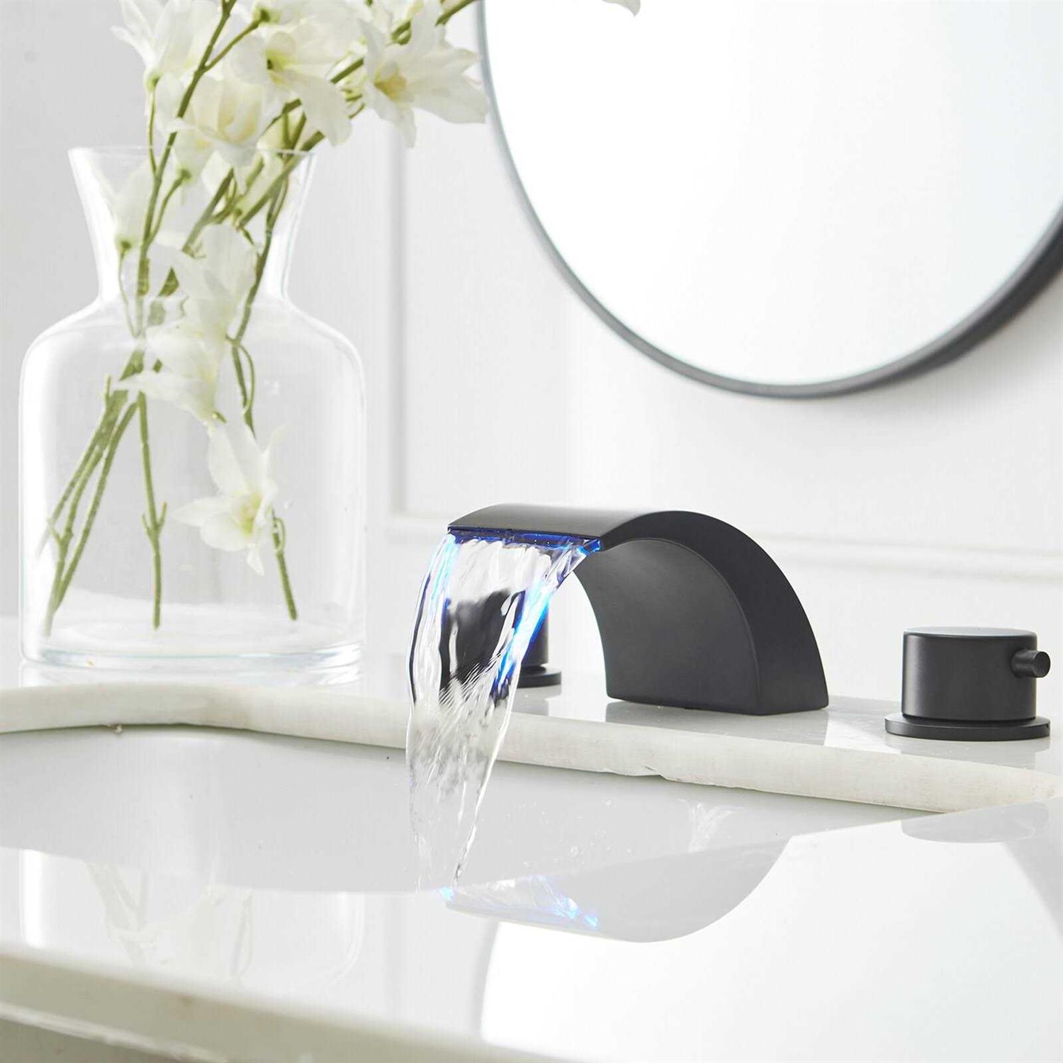 Bwe 8 in. Widespread Waterfall Double Handle Three Holes Bathroom Faucet With Led Light - Image 3