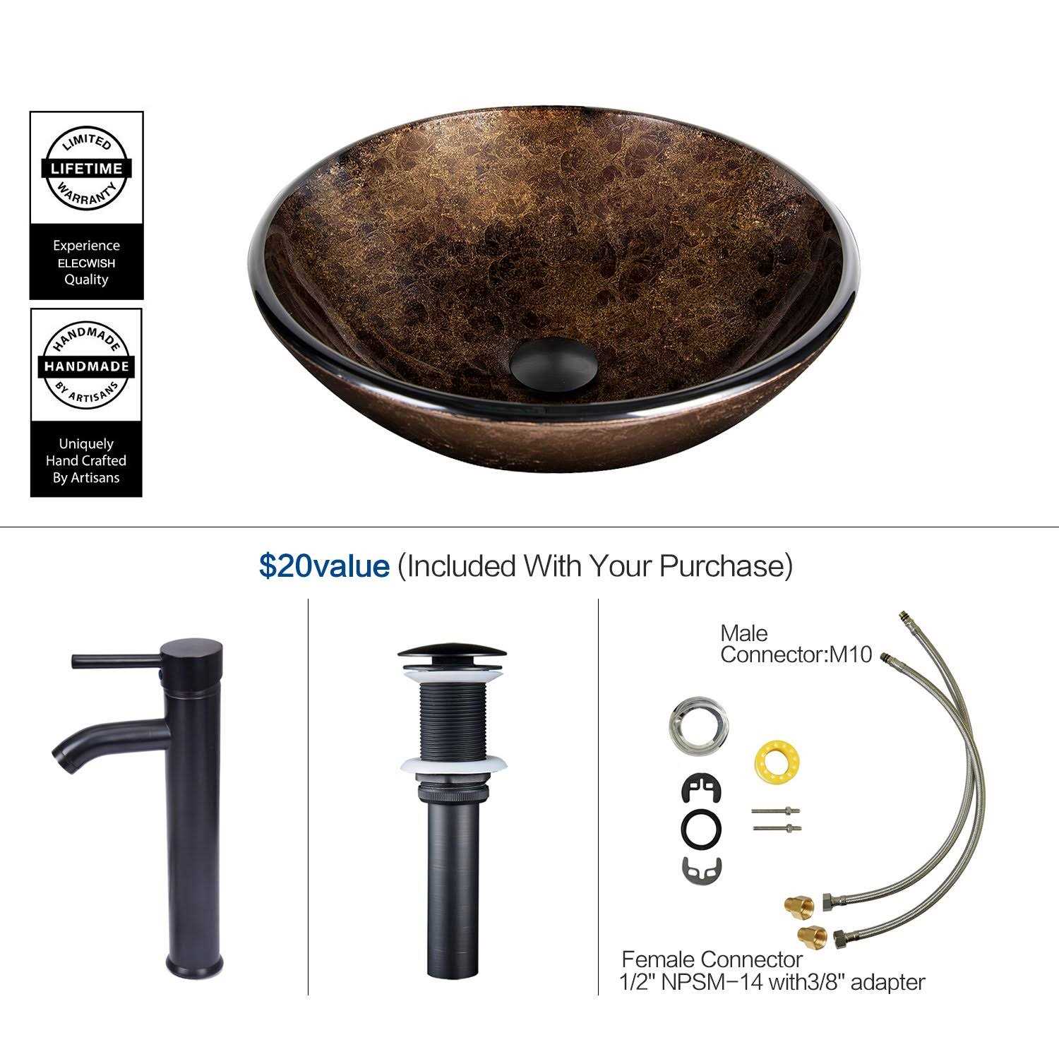 Elecwish Bathroom Vessel Sink with Faucet Mounting Ring and Pop Up Drain 16.5 inch Tempered Glass Basin - Image 5